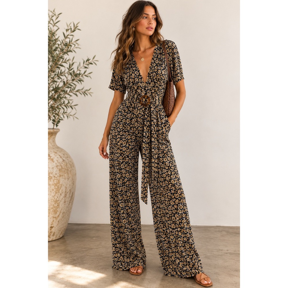Zara Jumpsuit Plisse Wrap Floral Medium Wide Leg Ring Buckle Boho